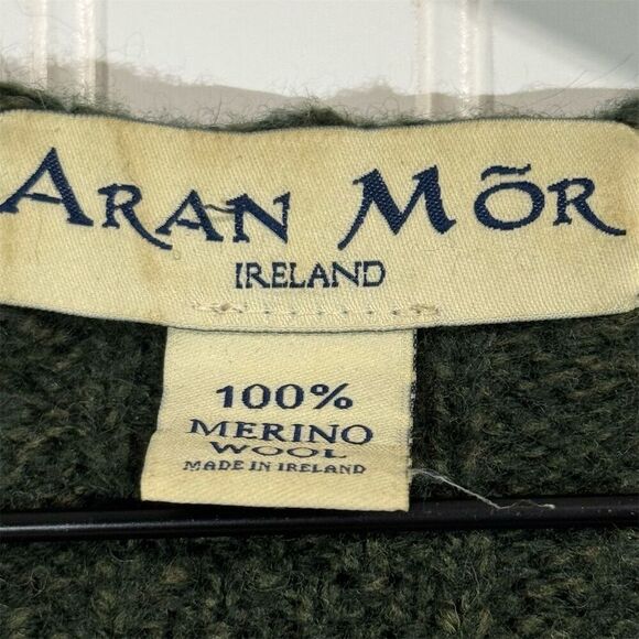 Aran MorMor 100% Merino Wool Ireland Green Cable Knit Hoodie Sweater L Fisherman - Picture 9 of 9